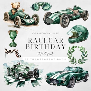 Könnte beinhalten: Ein Set mit 19 Aquarell-Clipart-Bildern mit grünen Rennwagen, einer karierten Flagge, einer Trophäe, einem Lorbeerkranz, einem Helm und einer Brille. Der Text "RACECAR BIRTHDAY clipart pack 19 TRANSPARENT PNGS" ist im Bild enthalten.
