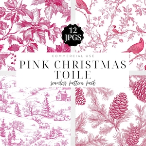 Pink Christmas toile digitaal papier, vakantie chinoiserie naadloze patronen, aquarel vintage kerstmis, instant download, commercieel gebruik | CC074