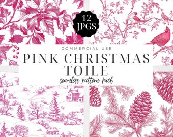 Pink Christmas Toile Digital Paper, Holiday Chinoiserie Seamless Patterns, Watercolor Vintage Xmas, Instant Download, Commercial Use | CC074