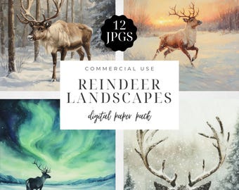Reindeer Landscapes Digital Paper Pack, Christmas Background, Junk Journal Pages, Scrapbooking Supplies, Card Making, Commercial Use | CC029