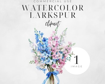Watercolor Larkspur Clipart, July Birth Flower, Delicate Botanical Summer Floral, Birthday Graphic, Commercial Use, Instant Download | CC017