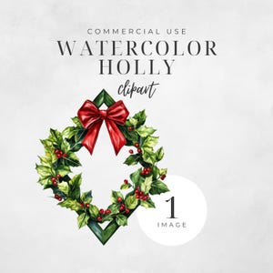 Akwarela Holly Clipart, Diamentowy Wieniec Bożonarodzeniowy, Botaniczny PNG, Grudzień Urodziny Miesiąc Clipart, Zimowa Sztuka Ścienna, Użytek Komercyjny | CC058
