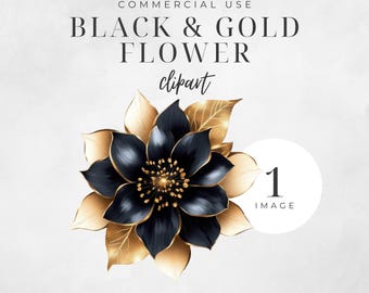 Black Gold Flower Clipart, Watercolor Floral, Charcoal Wedding Invitation, Onyx Prom Flowers, Ebony Florals, Commercial Use | CC015