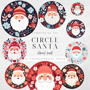 Clipart di Babbo Natale circolare, etichette rotonde per le feste, sottobicchieri di arte popolare nordica, immagini di Babbo Natale, design di palline circolari, uso commerciale / CC036