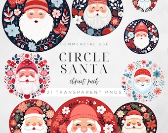 Circle Santa Clipart, Round Holiday Tags, Nordic Folk Art Coasters, Father Christmas Images, Circular Bauble Designs, Commercial Use | CC036