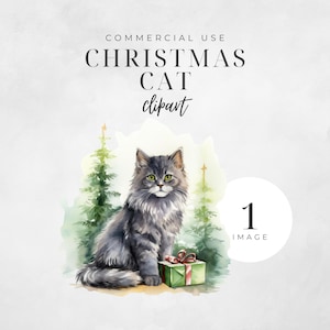 Weihnachten Katze Clipart, Aquarell Weihnachtsbilder, Süße Graue Katze Png, Urlaub, Basteln Dekor, Scrapbooking, Kommerzieller Gebrauch | CC046