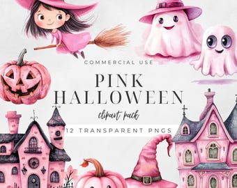 Girly Pink Halloween Clipart, Watercolor Spooky Graphics, Pink Party Decor, Girls Halloween Stickers,  Commercial Use (PNG Files) | CC033