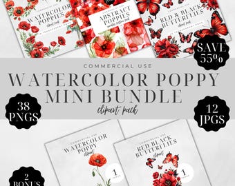 Watercolor Poppy Butterfly Clipart Mini Bundle, August Birth Month Flower, Floral Arrangements, Seamless Pattern, Commercial Use | CC006