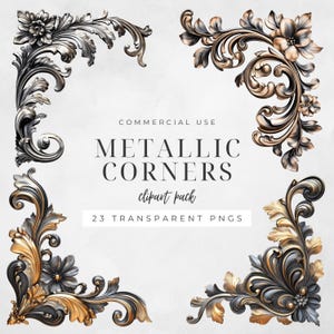 May include: A set of 23 metallic corner clipart images in gold and silver. The images are transparent PNG files and are for commercial use.