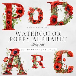 Aquarell Mohn Alphabet Clipart, Geburtsmonat August, Blume, botanische Blumenschrift, Erinnerung, kommerzielle Nutzung | CC006