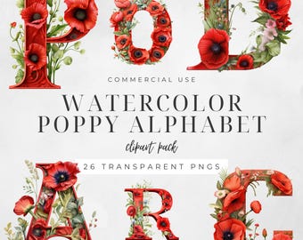 Watercolor Poppy Alphabet Clipart, August Birth Month Flower, Botanical Floral Font, Remembrance, Wedding Monogram, Commercial Use | CC006