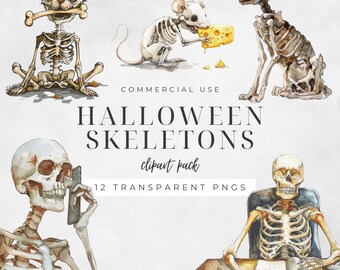 Halloween Pet Skeleton Clipart, Watercolor Bones, Halloween Decor, Trick or Treat, Instant Download, Digital Craft, Commercial Use | CC022