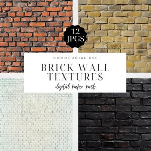 May include: A digital paper pack of 12 brick wall textures for commercial use. The pack includes red, yellow, white, and black brick wall textures.