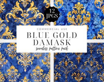 Blue Gold Damask Seamless Pattern Digital Paper, Repeating Tiles, Distressed Watercolor Background, Scrapbooking, Digital Craft | CC066
