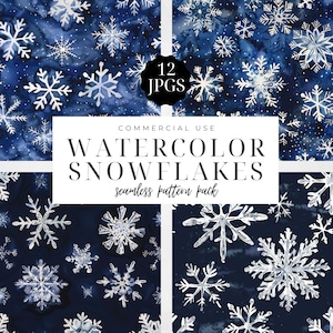 May include: A digital art pack showcasing watercolor snowflakes against a dark blue backdrop. The image includes the text "12 JPGs" and "Watercolor Snowflakes seamless pattern pack" for commercial use. The snowflakes are white and intricate.