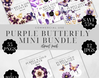 Purple Gold Butterfly Clipart, Watercolor Floral Clip Art, Wedding Invitation, Lilac Prom Flowers, Seamless Pattern, Commercial Use | CC023