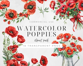Watercolor Floral Poppy Clipart, August Birth Month Flower, Wildflower Bouquet Wreath Corner PNGs, Digital Craft, Commercial Use | CC006