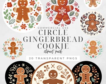 Circle Gingerbread Cookie Clipart, Round Holiday Gift Tags, Christmas Coasters, Baking Clip Art, Circular Design, Commercial Use | CC032