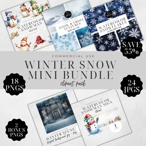 Winter Watercolor Snowman, Christmas Clipart, Snow Frost Texture Backgrounds, Snowflake Seamless Pattern, Scrapbook, Commercial Use | CC050
