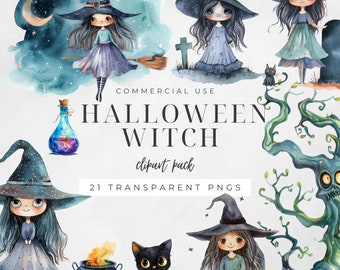 Cute Halloween Witch Clipart, Black Cat, Magic Cauldron, Broomstick PNGs, Spooky Watercolor, Digital Crafting Images, Commercial Use | CC021