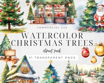 Watercolor Christmas Trees Clipart, Xmas Tree Pngs, Winter Decor, Traditional Christmas Ornament, Holiday Clip Art, Commercial Use | CC041