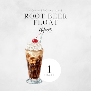 May include: Watercolor illustration of a root beer float with whipped cream and a cherry on top. The image includes the text "ROOT BEER FLOAT clipart" and "COMMERCIAL USE". A blue and white striped straw is in the drink.