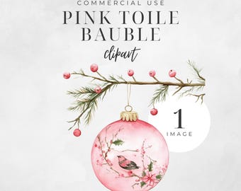 Pink Christmas Toile Bauble Clipart, Xmas Ornament Graphic, Chinoiserie, Watercolor Floral Design, Pastel Holiday, Commercial Use | CC074