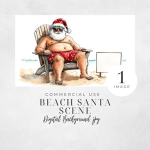 Strand Santa Szenen, Aquarell Weihnachtsillustrationen, Entspannende Weihnachtsmann Grafik, Urlaubsbilder, Kommerzielle Nutzung | CC079