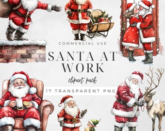 Santa At Work Clipart, Watercolor Christmas Illustrations, Working Father Christmas Graphics, Holiday Images, Winter, Commercial Use | CC072