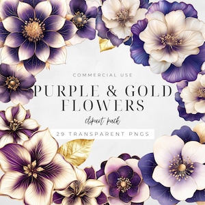 Clipart di fiori viola oro, clipart floreale ad acquerello, invito di nozze viola, fiori lilla da ballo, fiori malva, uso commerciale / CC023