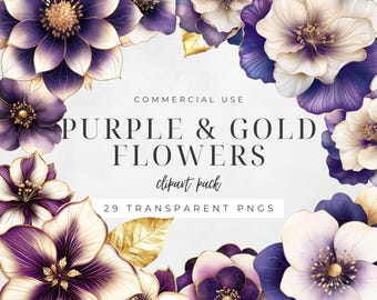 Purple and Gold Watercolor Flower Clipart, Violet Wedding Invitation, Lilac Prom Flowers, Mauve Floral PNG, Commercial Use | CC023