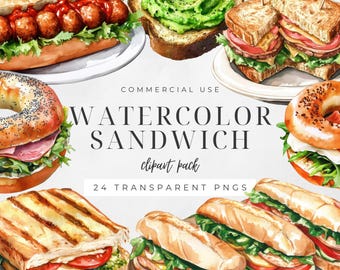 Watercolor Sandwich Clipart, Cafe Menu, Breakfast Clip Art, Coffee Shop Food Bundle, Party Invitations, Junk Journal, Commercial Use | CC059