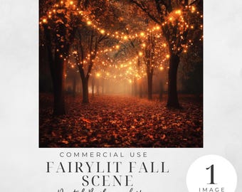 Fairylit Autumn Forest Digital Background, Fall Scene, Scrapbooking Paper, Junk Journal, Digital Paper, Book Cover, Commercial Use | CC025