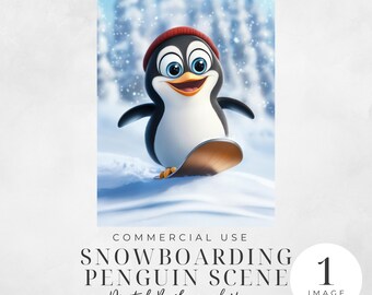Snowboarding Penguin Clipart, Instant Digital Download, Winter Scene, Christmas Graphic, Nursery Image, Commercial Use | CC081