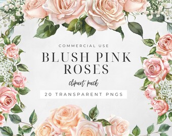 Blush Pink Roses Watercolor Clipart, PNG Digital File, Pink Rose Floral Bouquet, Instant Download, Wedding Graphics | CC002