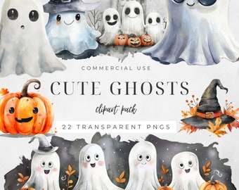 Cute Ghost Clipart, Watercolor Halloween PNGs, Digital File, Spooky Illustration, Party Invitation Graphics, Instant Download | CC020