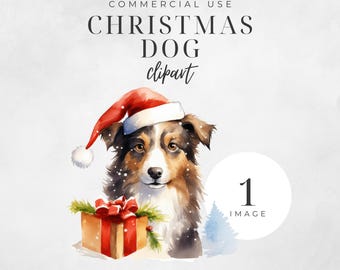 Watercolor Christmas Dog Clipart, Xmas Images, Holiday Clip Art, Cute Collie Sheepdog, Winter Decor, Scrapbooking, Commercial Use | CC047