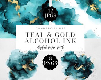 Teal Gold Alcohol Ink Art, Scrapbook Paper, Digital Background Texture, Watercolor Abstract, Instant Download, Commercial Use | CC080