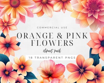 Watercolor Floral Clipart, Orange Pink Flowers, Coral Wedding Invitation, Bright Peach Prom Florals, Commercial Use | CC008