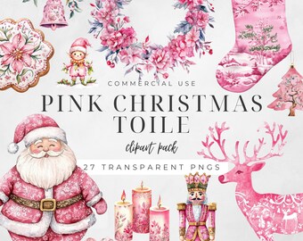 Pink Christmas Toile Clipart, Xmas Ornament Graphics, Vintage French Toile De Jouy, Floral Design, Pastel Holiday, Commercial Use | CC074