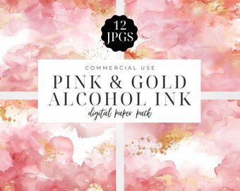 Roze en gouden alcoholinktkunst, plakboekpapier, digitale achtergrondstructuur, aquarel abstract, instant download, commercieel gebruik | CC027