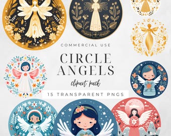 Circle Angel Clipart, Round Holiday Tags, Nordic Folk Art Coasters, Heavenly Angel Images, Baptism, Circular Design, Commercial Use | CC037