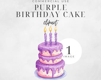 Watercolor Purple Birthday Cake Clipart, Gender Neutral Party Graphic, Baby Shower, Invitation Image, Digital Craft, Commercial Use | CC035