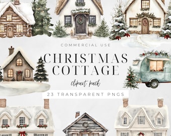 Whimsical Christmas Cottage Clipart, Cozy House Planner Images, Winter Cabin Graphics, Holiday Houses, Scrapbooking, Commercial Use | CC024