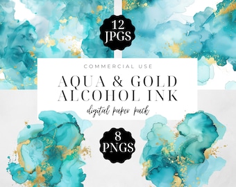 Aqua Gold Alcohol Ink Art, Scrapbook Paper, Texture Background (JPG & PNG), Watercolor Abstract, Digital Download, Commercial Use | CC018