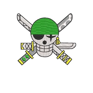 May include: A green skull with a green eyepatch and a green hat, crossed swords with yellow handles and green accents.