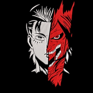 Könnte beinhalten: Eine Schwarzweißillustration eines Männergesichts mit einem roten, dämonischen Gesicht auf der rechten Seite. Das dämonische Gesicht hat scharfe Zähne und ein rotes Auge.