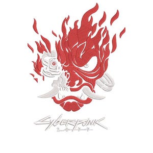 May include: A white embroidered patch with a red and white cyberpunk samurai mask and the text "Cyberpunk 2077".