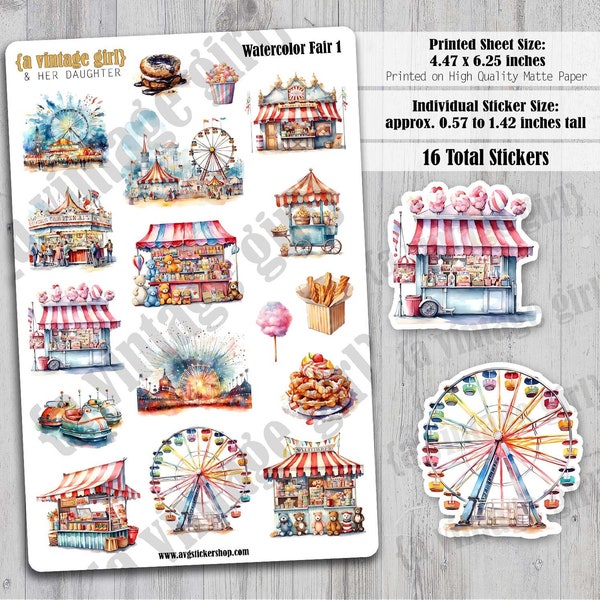 Watercolor Fair 1 | Fair, Watercolor, Planner Stickers, Popcorn, County Fair, Ferris Wheel, Stickers  | Sticker Sheet