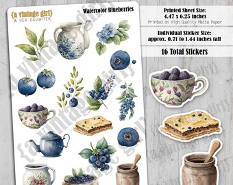 May include: A sheet of 16 watercolor stickers featuring blueberries, teacups, pastries, and other designs. The sheet measures 4.47 x 6.25 inches and is printed on high quality matte paper. Individual stickers are approximately 0.71 to 1.44 inches tall.